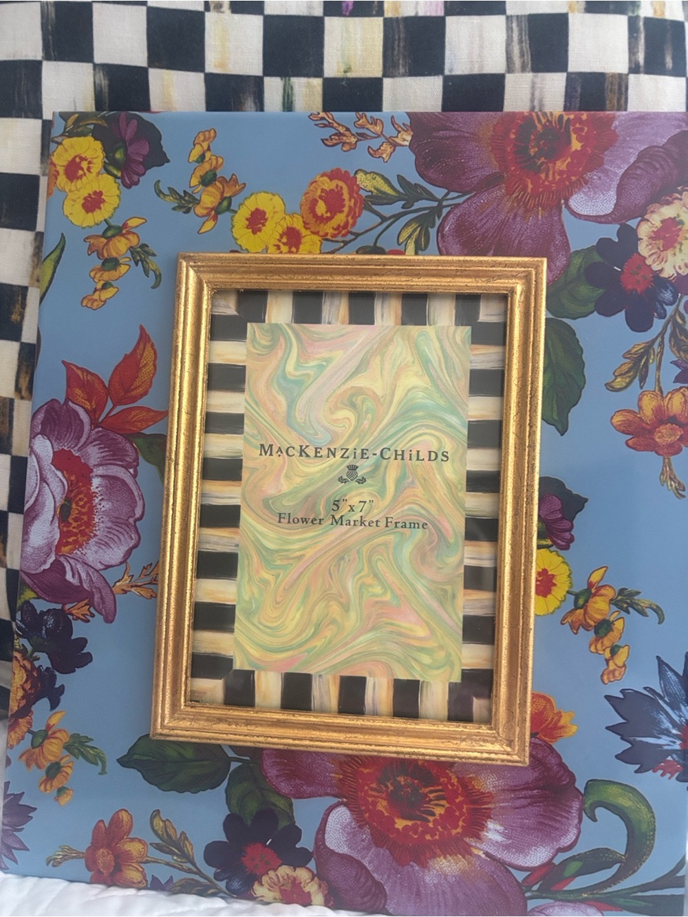 MacKenzie-Childs Gold Frame 11 x 13 picture holds 5 x 7 picture blue flower bask